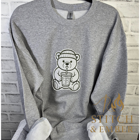 Embroidered Teddy Bear Winter Crewneck | Cozy Cotton-Blend Sweatshirt | Stitch & Ember