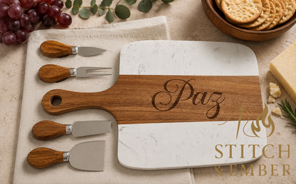 Personalized Engraved Marble & Acacia Wood Charcuterie Board Gift Set | Custom Cheese Board with Serving Utensils | Wedding, Housewarming & Realtor Closing Gift