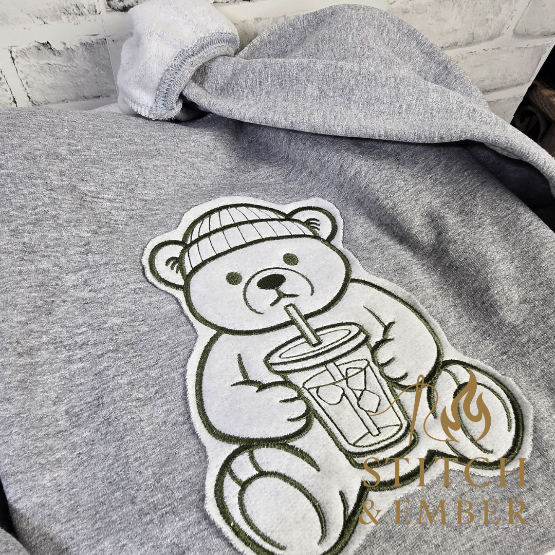 Embroidered Teddy Bear Winter Crewneck | Cozy Cotton-Blend Sweatshirt | Stitch & Ember