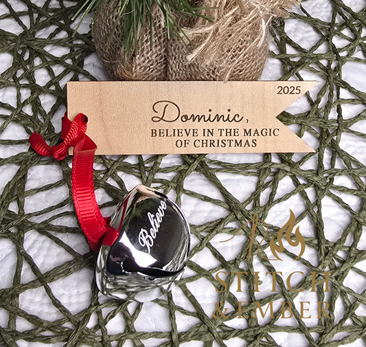 Personalized 'Believe' Christmas Bell with Engraved Tag