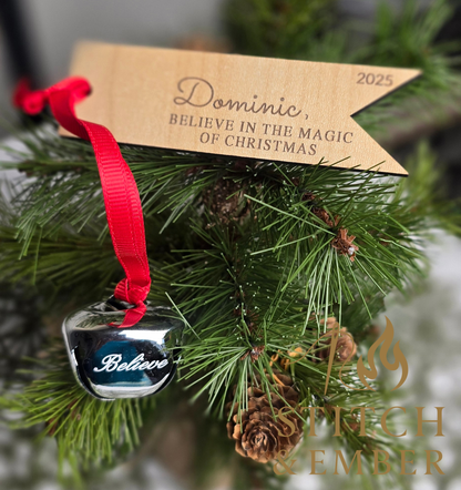 Personalized 'Believe' Christmas Bell with Engraved Tag