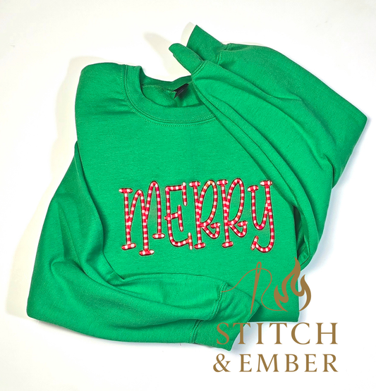 3D Puff Candy Cane “MERRY” Crewneck Sweatshirt | Holiday Boutique Embroidery