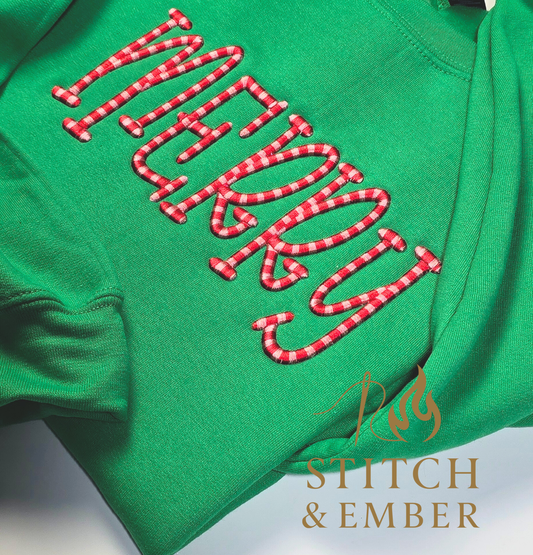 3D Puff Candy Cane “MERRY” Crewneck Sweatshirt | Holiday Boutique Embroidery