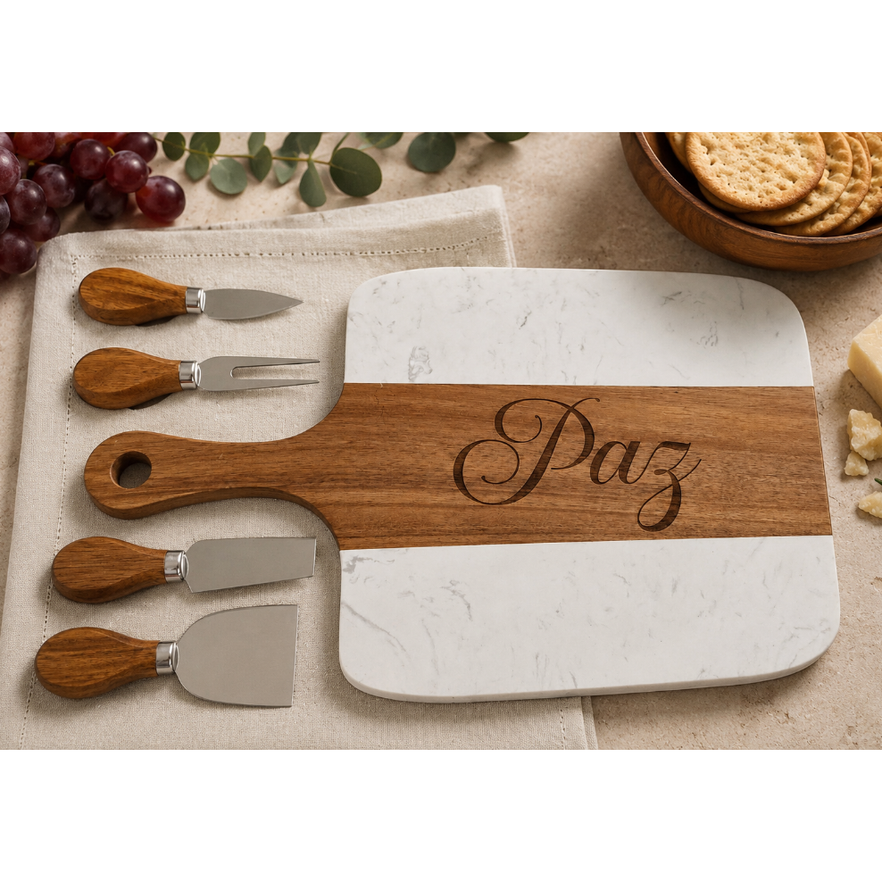 Personalized Engraved Marble & Acacia Wood Charcuterie Board Gift Set | Custom Cheese Board with Serving Utensils | Wedding, Housewarming & Realtor Closing Gift