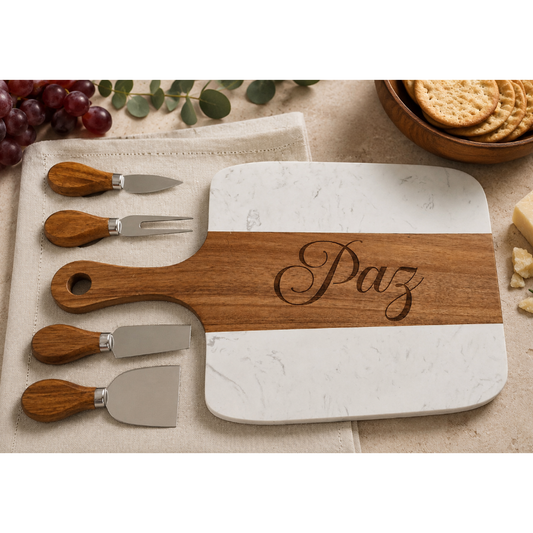 Personalized Engraved Marble & Acacia Wood Charcuterie Board Gift Set | Custom Cheese Board with Serving Utensils | Wedding, Housewarming & Realtor Closing Gift